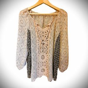 BOHO Gypsy crochet peach teal tan blouse Sz M - XL VGUC